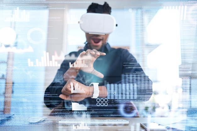 futuristic vr wow or business man surprise with stock market analytics augmented reality experience or crypto chart dashboard overlay screen economy graphic or male broker working on trading data