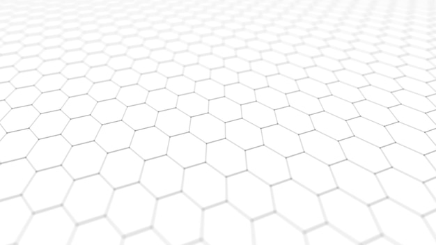 Fütüristik altıgen perspektifli arka plan Dalgalı beyaz arka plan Beyaz arka planda bağlantı noktaları ve çizgileri olan dalga 3D render