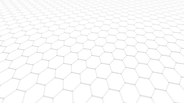 Fütüristik altıgen perspektifli arka plan Dalgalı beyaz arka plan Beyaz arka planda bağlantı noktaları ve çizgileri olan dalga 3D render