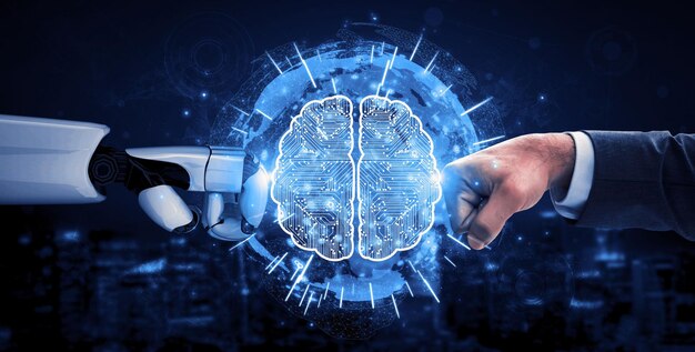 Geleceğin yapay zeka robotu ve cyborg 3D render