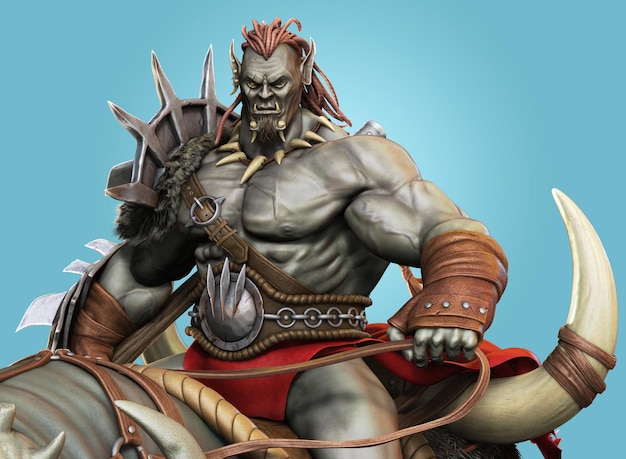 Geleneksel zırh giyen ve kalkan ile donatılmış savaşa koşan Savage Orc Brute lideri. İzole beyaz arka plan üzerinde fantastik temalı karakter. 3D Render