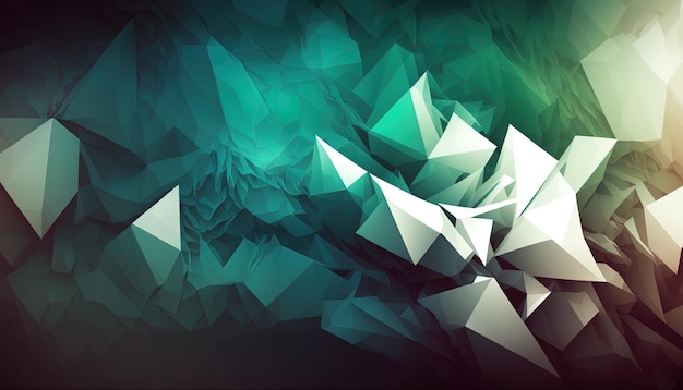 Generative AI Polygonal high resolution pattern for background white and teal and green flares Abstract hexagonal polygonal low poly triangular high resolution futuristic green energetic background