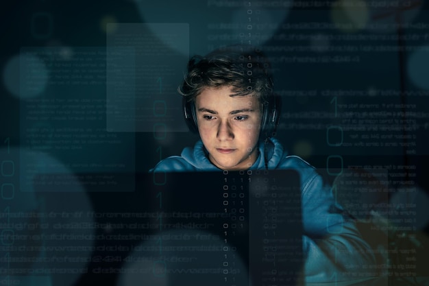 genius programmer young nerdy computer developer looking data software network interface concept