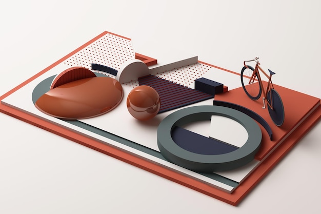 Geometric Shape of Bike Sport Concept in orange and blue colour tone 3d Rendering