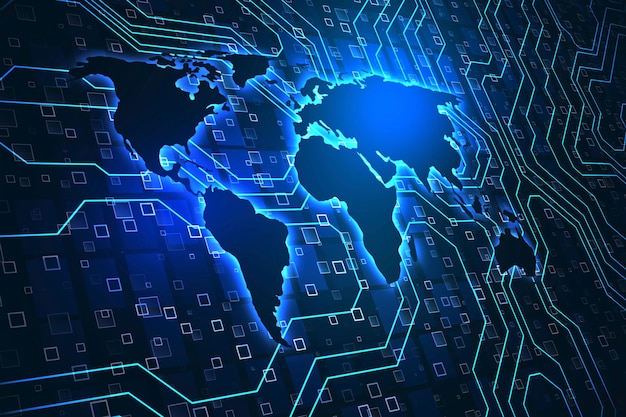 global big data and innovation technologies concept with perspective view on digital glowing world map contour on blue illuminated background in form of microcircuit 3d rendering
