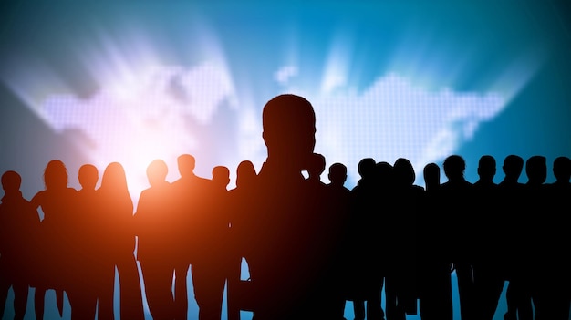 Global communication network concept Worldwide business Silhouette of people on background