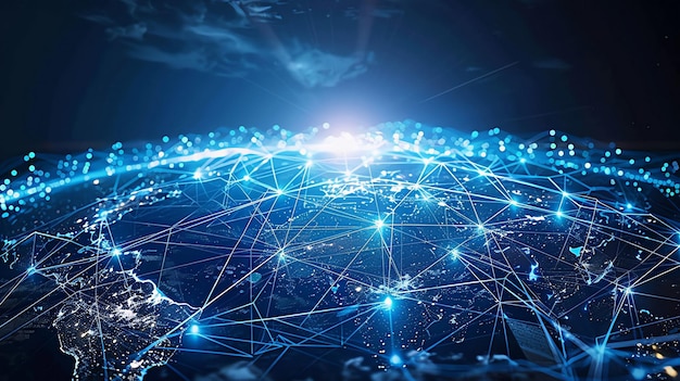 Global Night time Planet Earth Cyberspace Connectivity with Digital Network and Geographical Map