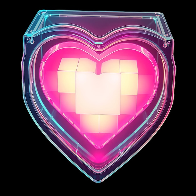 Glowing 3D Pixel Heart Container With Translucent Blocks Filling Up With Vibrant Light to Represent