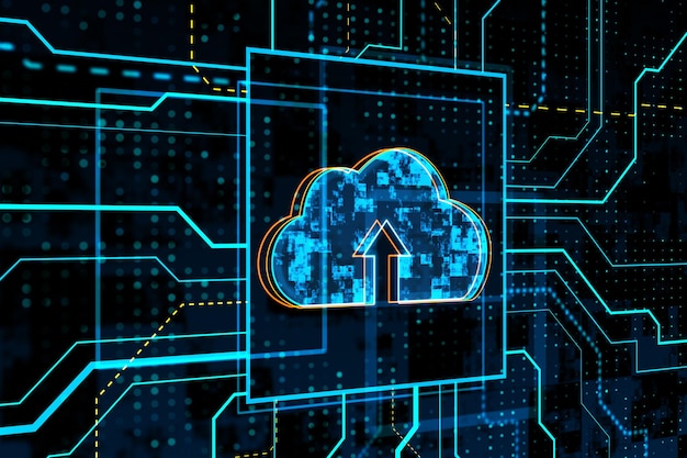 Glowing circuit cloud computing hologram on dark background Database and server concept 3D Rendering