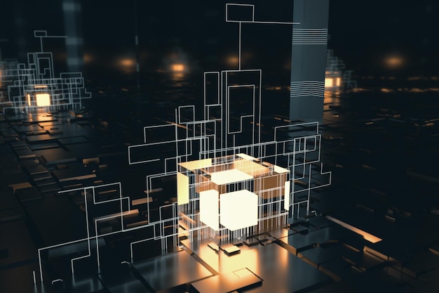 Glowing cubes with circuit lines with dark background 3d rendering