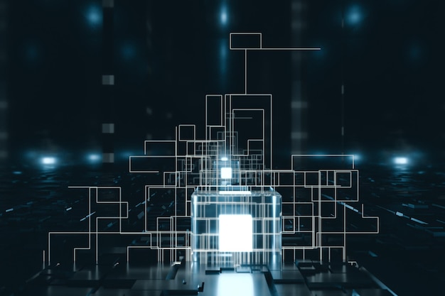 Glowing cubes with circuit lines with dark background 3d rendering