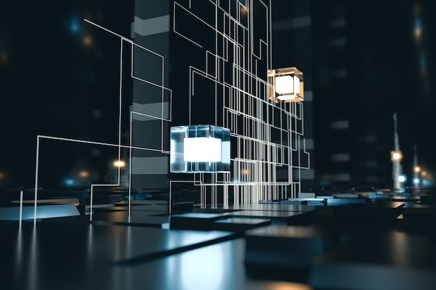 Glowing cubes with circuit lines with dark background 3d rendering