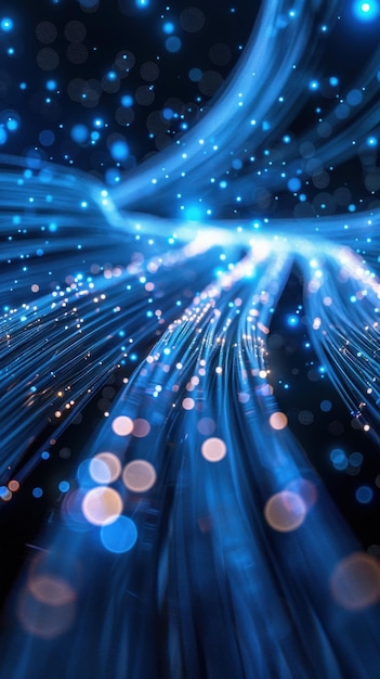 Glowing fiber optic cables intertwine against a futuristic backdrop with blue light pulsing through