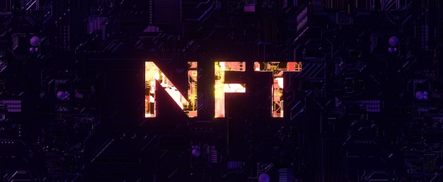 Glowing NFT on digital circuit board background
