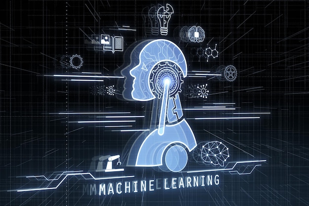 Glowing robot head and icons on dark blurry background Chat GPT machine learning and AI concept 3D Rendering