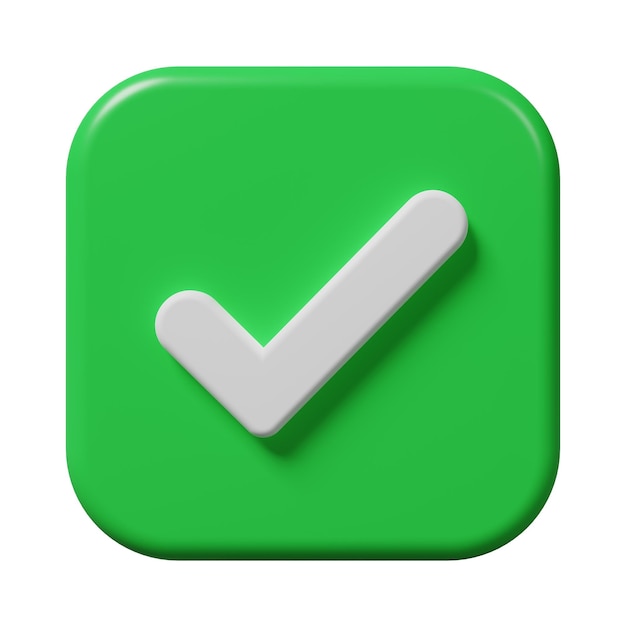 Green check correct like mark in a square icon isolated on white background Approved pass permission checklist poll vote confirm sign on business agreement contact symbol concept 3d rendering