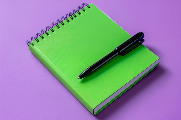 Green notebook and marker on lilac background