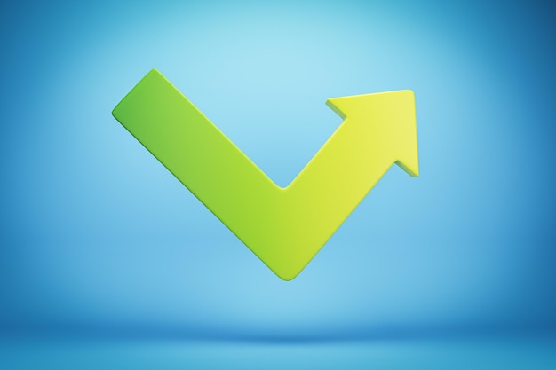 green upward arrow checkmark on blue background 3d rendering