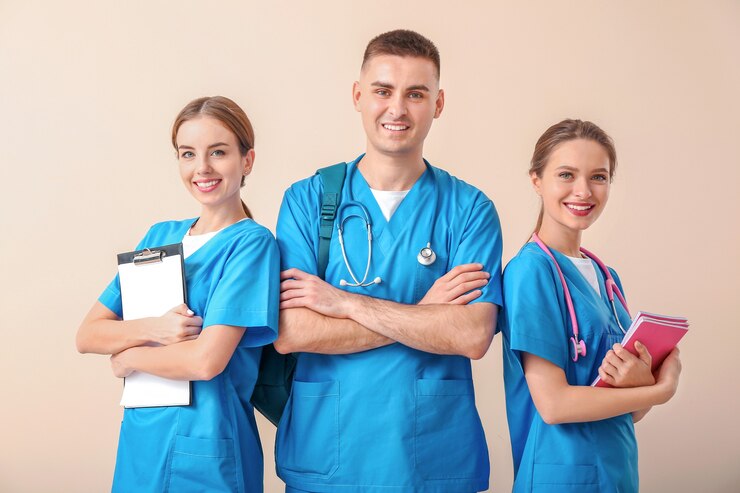 Fotoğraf group of medical students on light surface