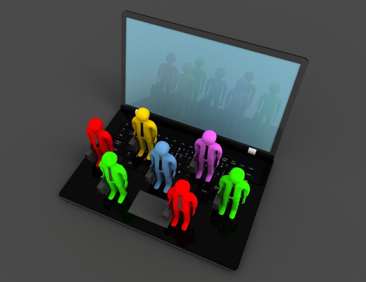 Fotoğraf group of people figures on laptop, 3d render