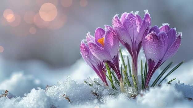 Group of Purple Flowers on Snow Covered Ground