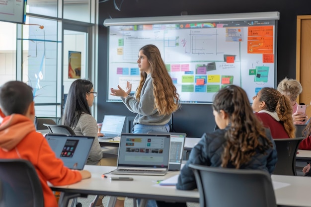 group of students collaborating on a project in a modern classroom