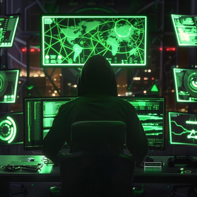 hacker at night with multiple green holographic displays showing a targeted cyber attack in action