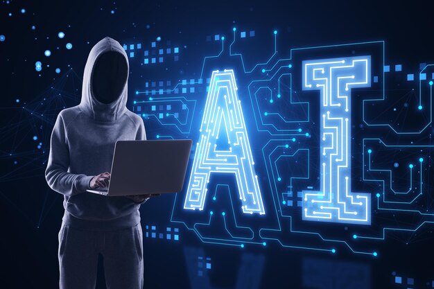 Hacker in hoodie using laptop with glowing digital polygonal AI hologram on dark background Artificial intelligence metaverse and technology concept