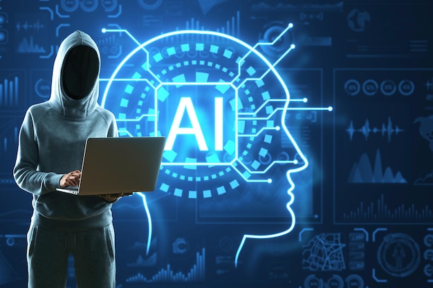 Hacker with laptop and creative glowing digital brain hologram on blurry background AI hacking and futuristic hud elements