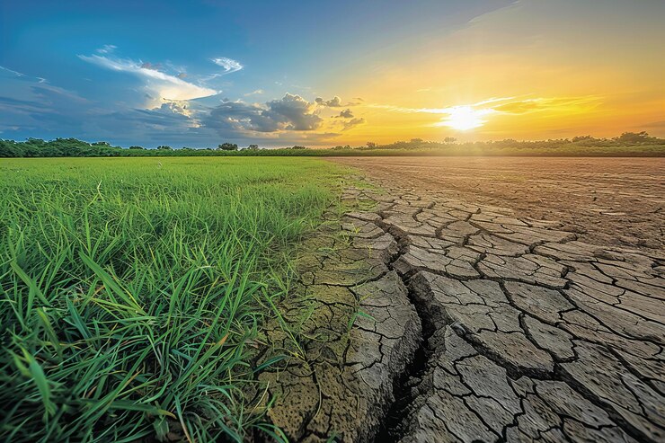 Half of the photo is lush green grass the other side shows dry cracked land with no vegetation the