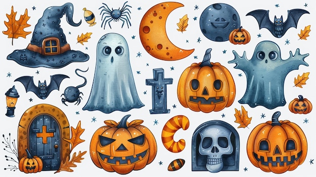 Halloween day decorative element background modern Pumpkins bats skulls spiders graves worms ghosts candy moons worms and more