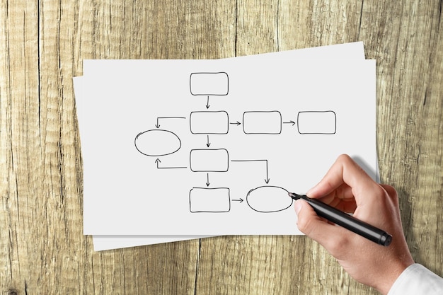 Hand drawing a family tree on a sheet of paper on a desk
