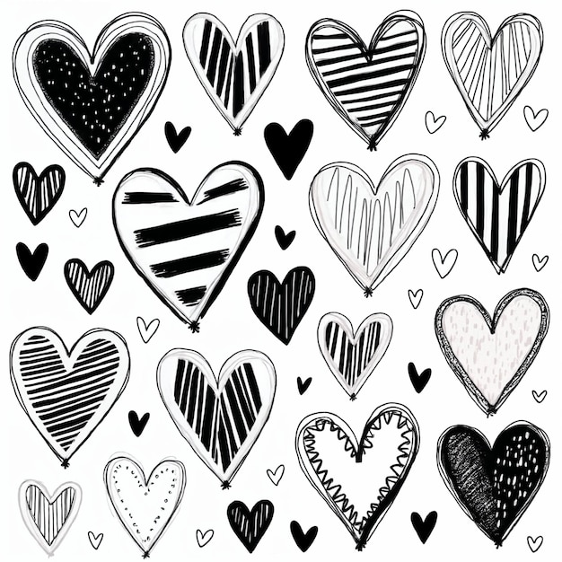 Hand-drawn hearts in a black and white doodle style