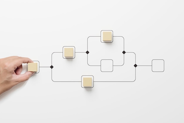 Hand holding wooden cube block arranging processing management on white background