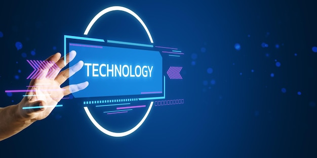 Hand interacting with glowing technology interface on blue background