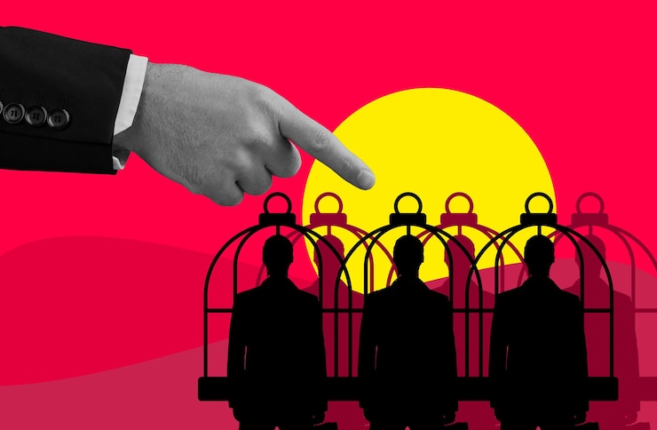 Fotoğraf hand pointing and corporate slavery in cage abuse and inequality on overlay finger group and boss with workers in prison for authority business management and graphic illustration of oppression
