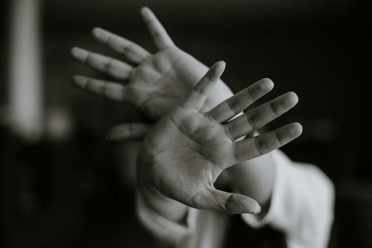 Fotoğraf hands up in defense or refusal a gesture of stopping