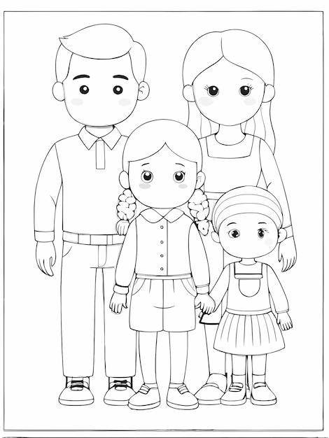 Happy Family Coloring Page for Kids on Transparent Background