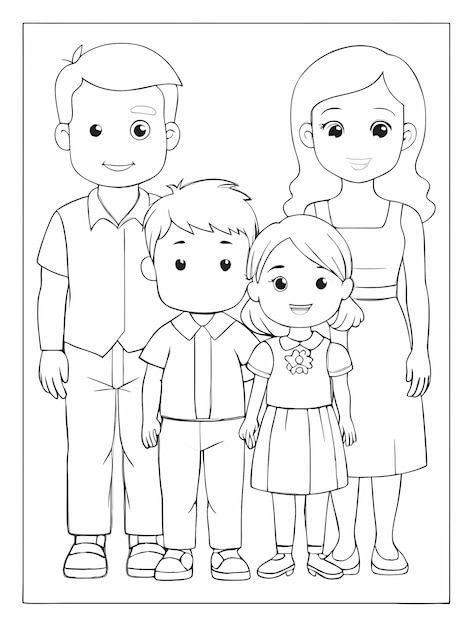 Happy Family Coloring Page for Kids on Transparent Background
