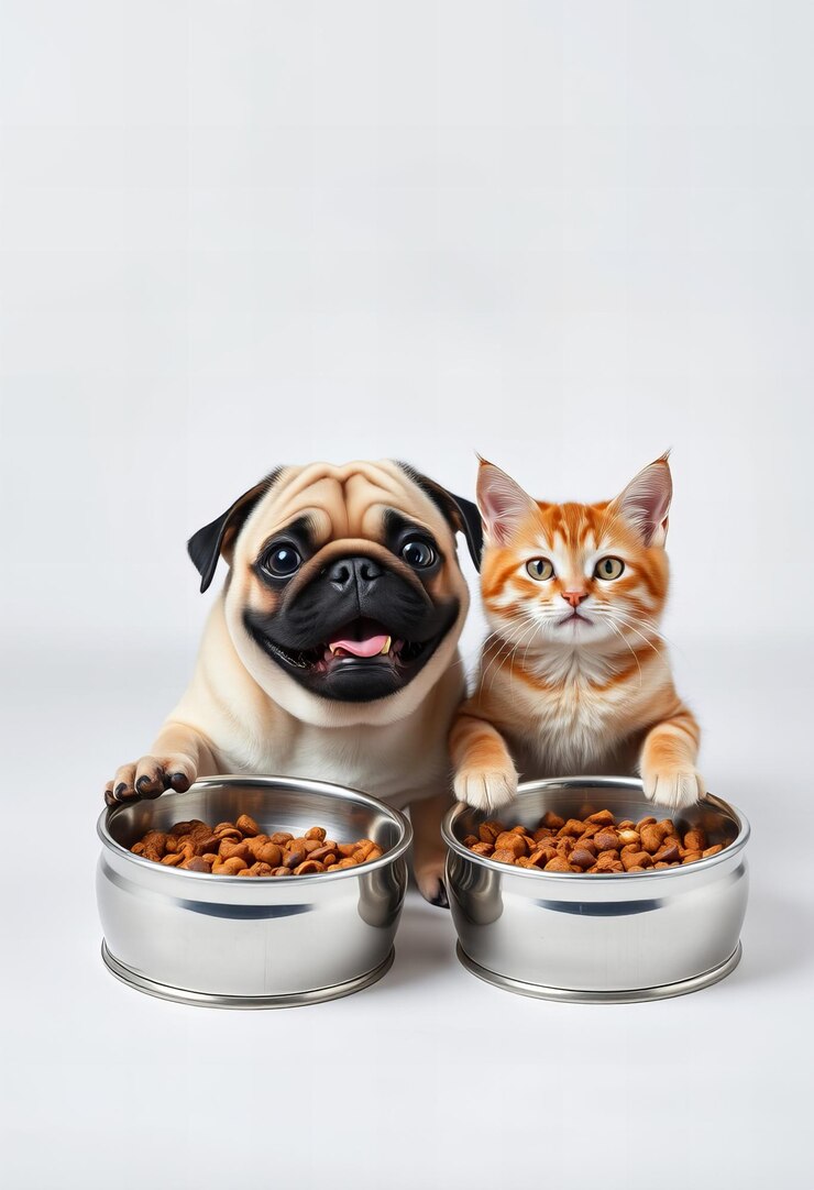 Happy pug dog and happy cat holding big metal bowls with dry food