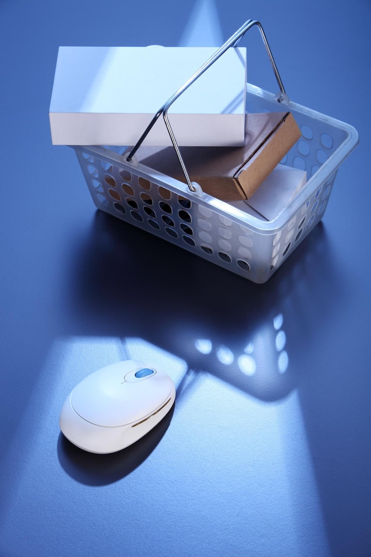 Fotoğraf high angle view of boxes in shopping basket by computer mouse on blue table
