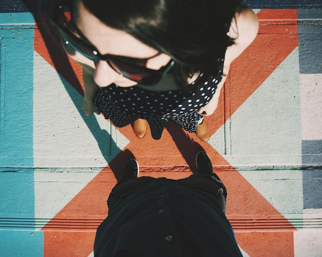 High angle view of woman wearing sunglasses