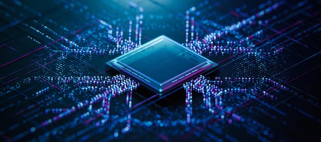 Hightech processor chip circuit board with data flow technology concept