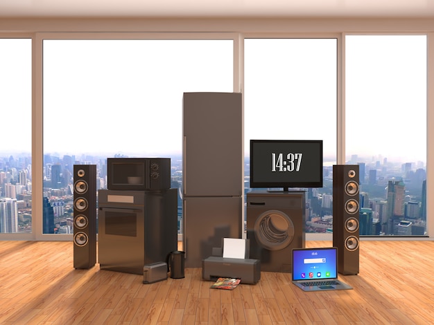Home appliance in interior. 3D Illustration