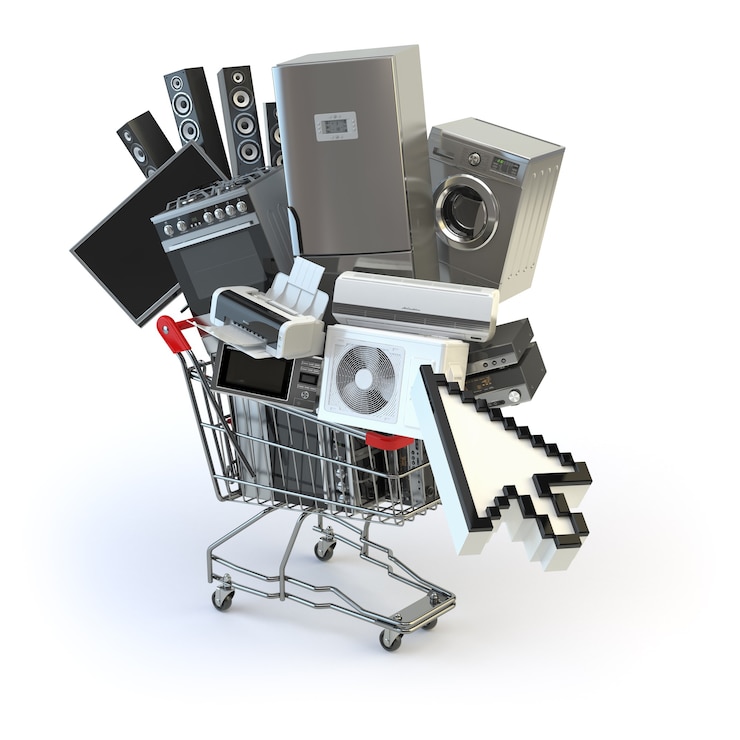 Fotoğraf home appliances in the shopping cart and cursor. e-commerce or online shopping concept. 3d