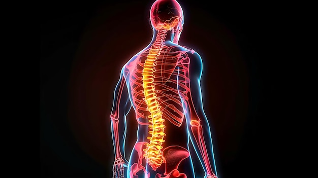 Human spine with glowing red pain area on black background