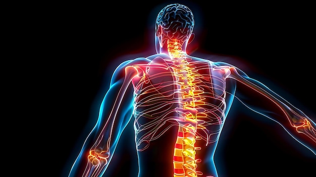 Human spine with glowing red pain area on black background