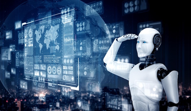 Humanoid AI robot looking at hologram screen showing concept of big data