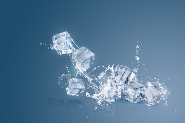 Ice cubes isolated over a blue  and copy space