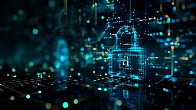 illustration digital security network using image padlock and shield background